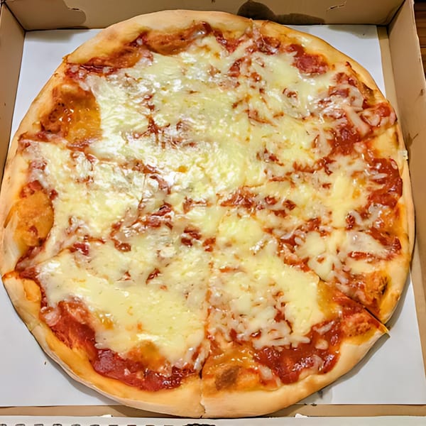 A whole Franzone's Pizzeria cheese pizza, with one slice removed, in a cardboard box.
