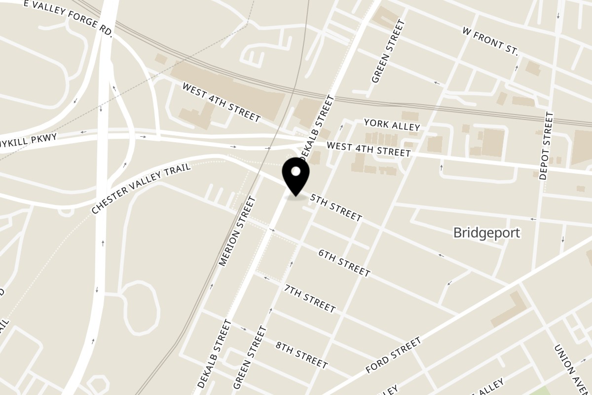 Map showing the location of Franzone's Pizzeria on 501 DeKalb St in Bridgeport